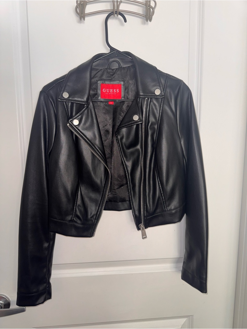 Guess Black Faux Leather Moto Jacket with Silver Hardware